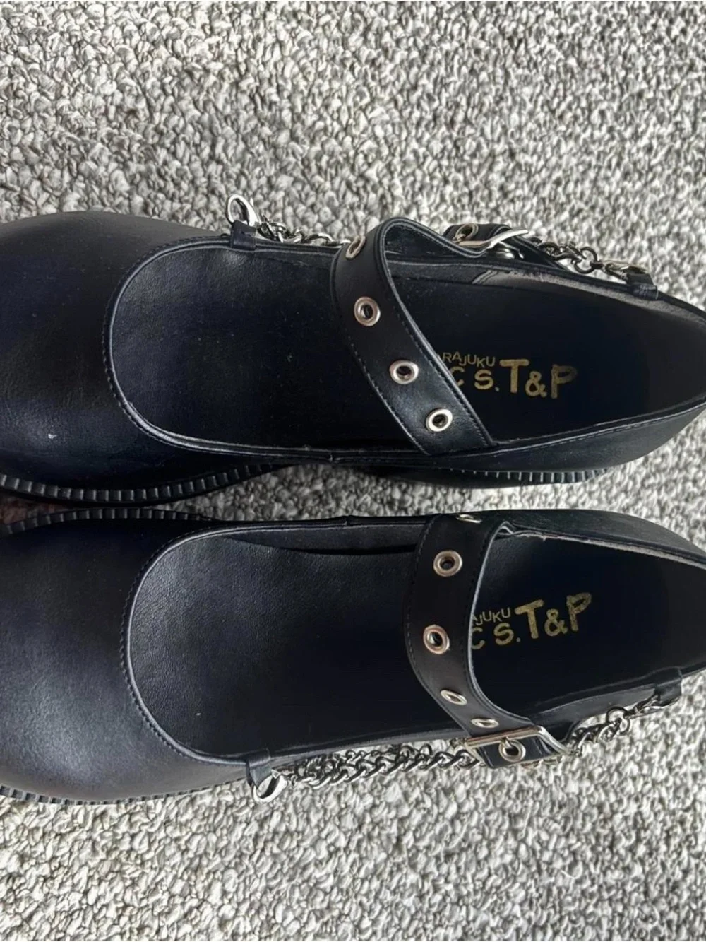 Black Platform Mary Jane Shoes with Cross Chain Accent